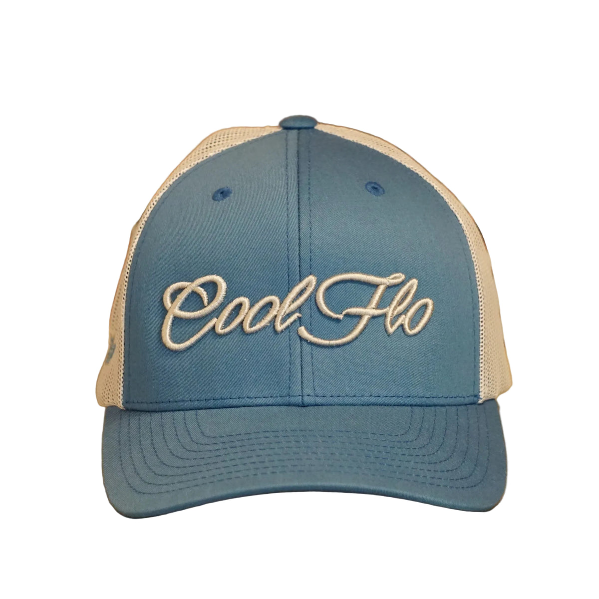 Cool Flo Blue/Silver trucker cap with raised 3D embroidered Script logo, curved visor and mesh back panels - front