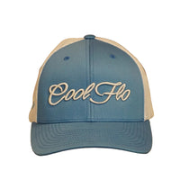Cool Flo Blue/Silver trucker cap with raised 3D embroidered Script logo, curved visor and mesh back panels - front