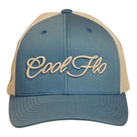 Cool Flo Blue/Silver trucker cap with raised 3D embroidered Script logo, curved visor and mesh back panels - front