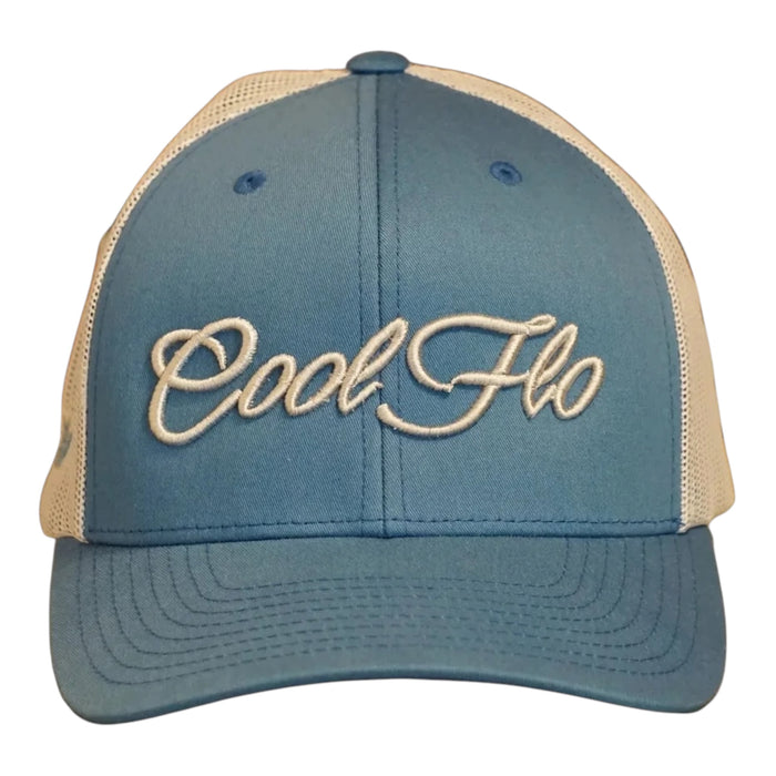 Cool Flo Blue/Silver trucker cap with raised 3D embroidered Script logo, curved visor and mesh back panels - front