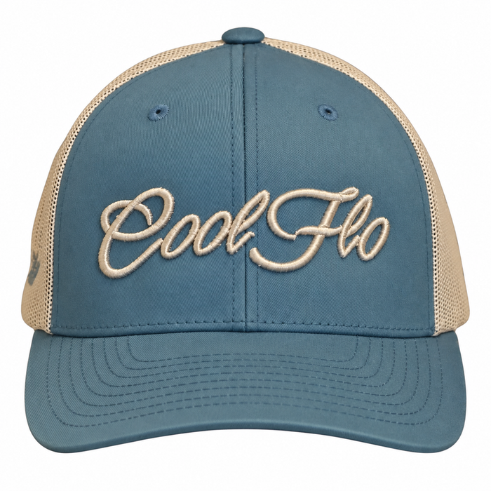 Cool Flo Blue/Silver trucker cap with raised 3D embroidered Script logo, curved visor and mesh back panels - front.