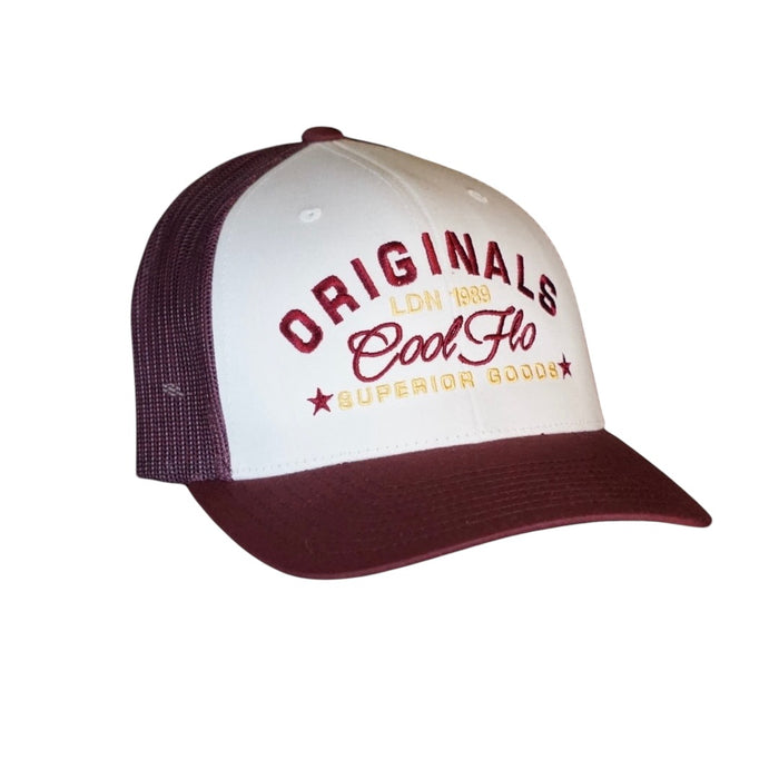 Cool Flo burgundy and white trucker cap with embroidered yellow/gold and burgundy 'Originals' design.