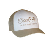 Cool Flo khaki and white trucker cap with khaki embroidered logo and 'On the road since '89' design.