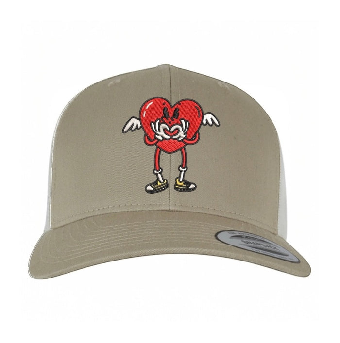 Centreforce Radio's embroidered khaki/birch trucker cap with That's the Way Love Is heart logo.