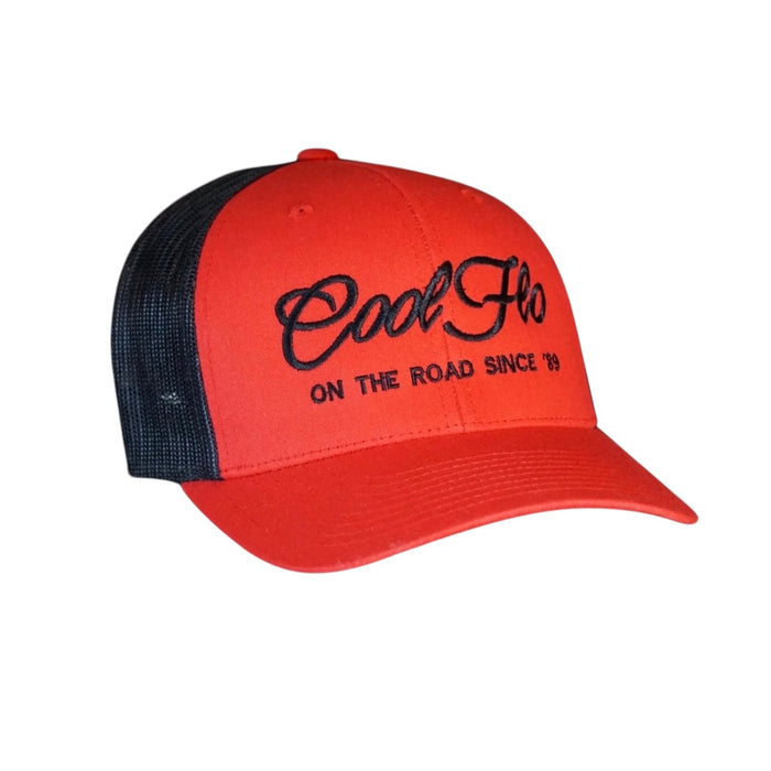 Cool Flo red and black trucker cap with black embroidered logo and 'On the road since '89' design.