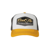 Yellow, white and grey trucker with 3D Cool Flo badge sewn on the front.