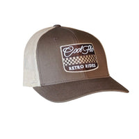 Cool Flo Retro Rides brown trucker cap with embroidered chequered badge design in white, cream and brown