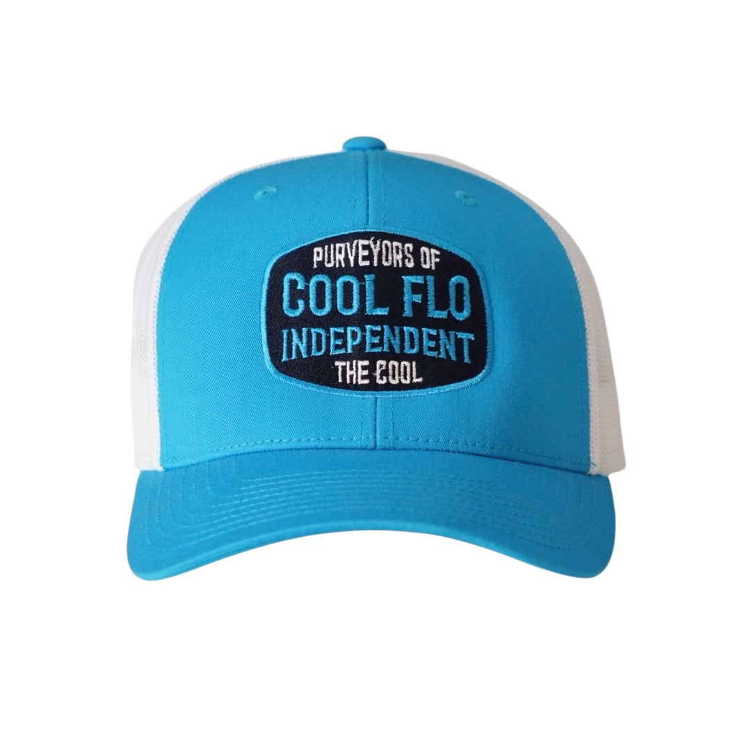 Cool Flo  Independent Turquoise and white trucker cap with embroidered badge design in complimentary colours.