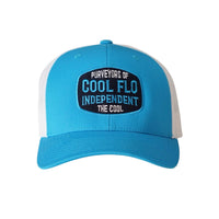 Cool Flo  Independent Turquoise and white trucker cap with embroidered badge design in complimentary colours.