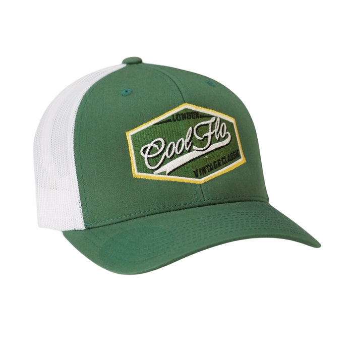 Cool Flo Vintage Classic Trucker Cap in fir green and white with an embroidered badge design with a retro feel. London - Cool Flo - Vintage Classic.