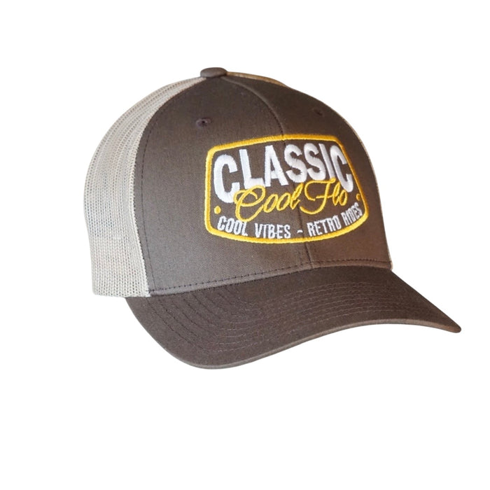 Cool Flo brown and khaki trucker cap with embroidered yellow and white 'Classic, cool vibes, retro rides' design.