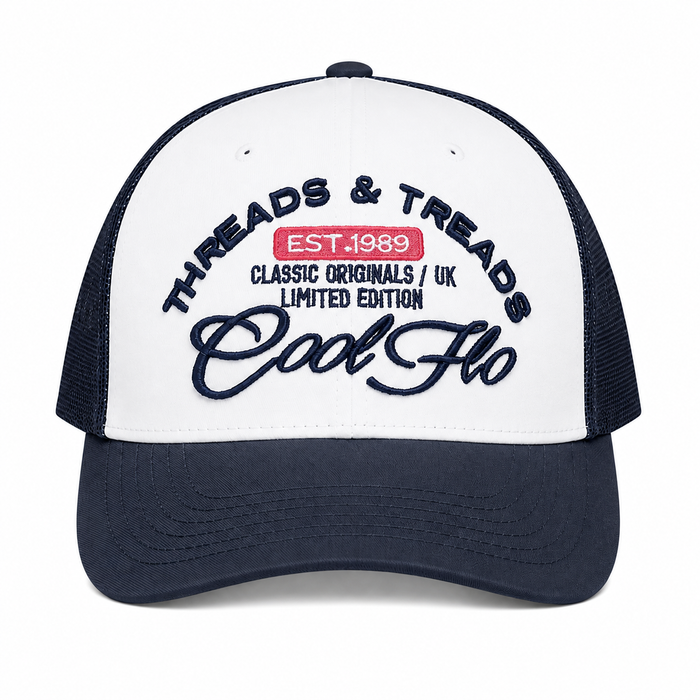 Cool Flo Threads & Treads Trucker Cap – Navy/White