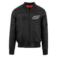 Centreforce black bomber jacket with white 883 Orbit logo embroidered left chest. Also featuring a contrasting orange inner lining. (Front view)