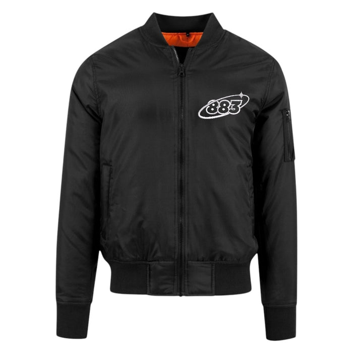 Centreforce black bomber jacket with white 883 Orbit logo embroidered left chest. Also featuring a contrasting orange inner lining. (Front view)