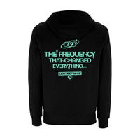 Centreforce - The Frequency that Changed Everything black hoody featuring an aqua blue/green colour print.