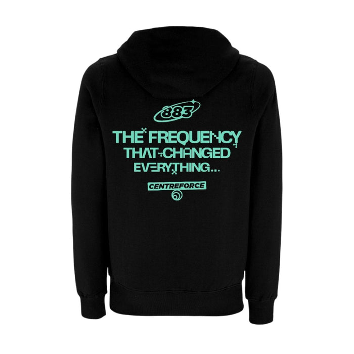 Centreforce - The Frequency that Changed Everything black hoody featuring an aqua blue/green colour print.