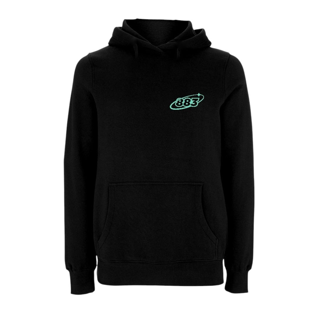 Centreforce black hoody featuring a front left chest 883 starry logo in aqua and a large aqua print on the back. 