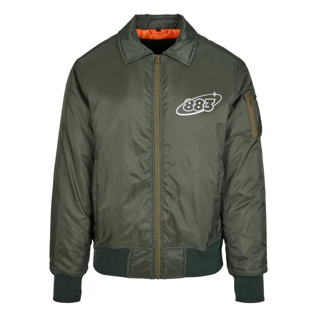 Centreforce collared olive green bomber jacket with white 883 Orbit logo embroidered left chest. Also featuring a contrasting orange inner lining. (Front view)