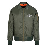 Centreforce collared olive green bomber jacket with white 883 Orbit logo embroidered left chest. Also featuring a contrasting orange inner lining. (Front view)