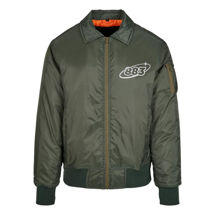 Centreforce collared olive green bomber jacket with white 883 Orbit logo embroidered left chest. Also featuring a contrasting orange inner lining. (Front view)
