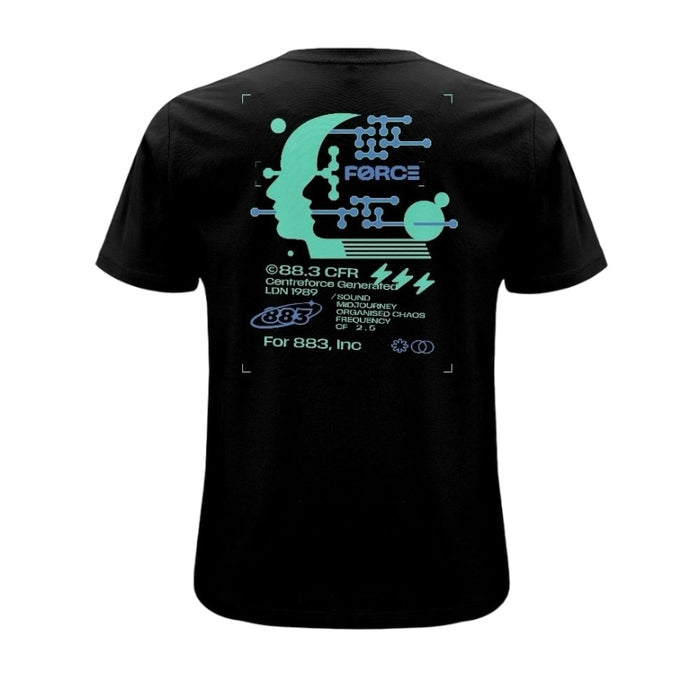 Centreforce black t-shirt featruing a large blue 'frequency' print graphic - back view