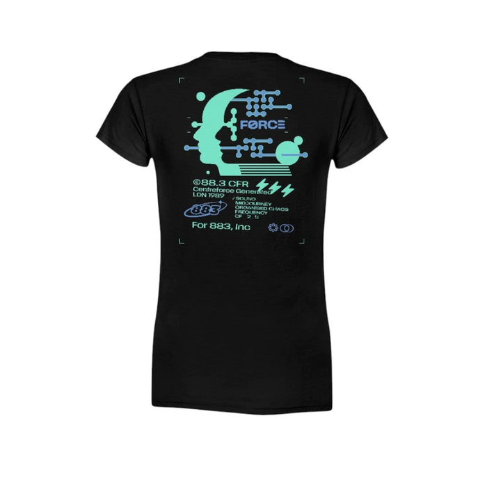 Centreforce black ladies t-shirt featruing a large blue 'frequency' print graphic - back view