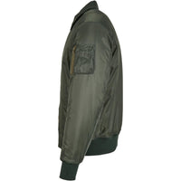 Centreforce collared olive green bomber jacket with white 883 Orbit logo embroidered left chest. (Side view)