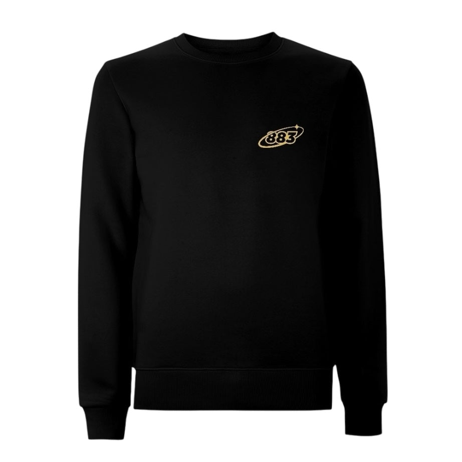 Black Centreforce sweatshirt with small yellow chest logo and large back print - front view.