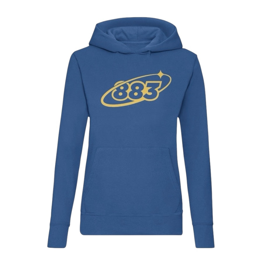 Royal Blue Hoody with large 883 Orbit logo printed in yellow on the front.