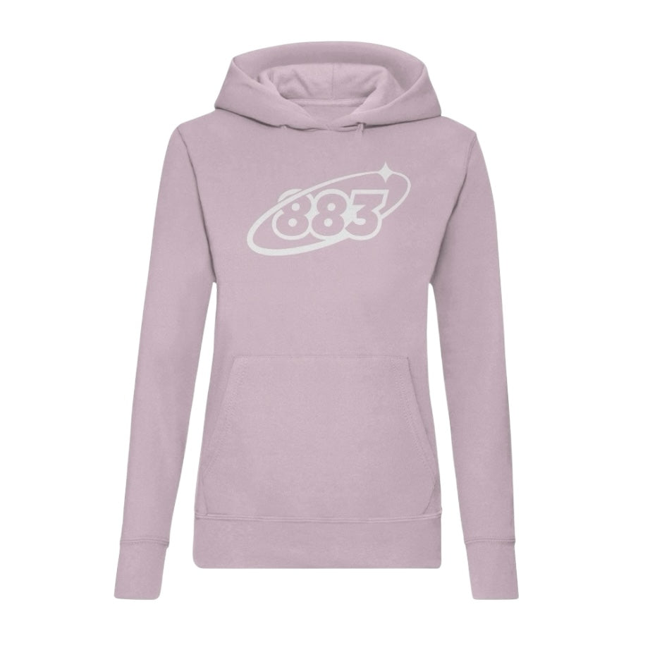 Pink women’s Centreforce hoody with a large white Orbit 883 front print.