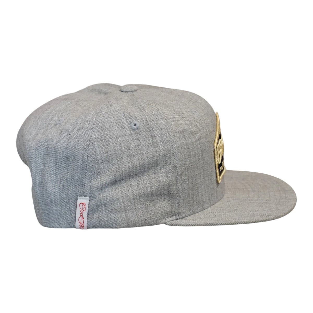 Right side view of a Cool Flo Heather Grey 89 Originals snapback cap featuring a Cool Flo loop tag, structured six-panel construction and adjustable snapback fastening