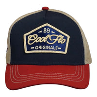 Front view of a Cool Flo 89 Originals trucker cap in Navy/Burgundy/Khaki featuring an embroidered Cool Flo 89 Originals badge in Navy, Gold and White and a curved visor