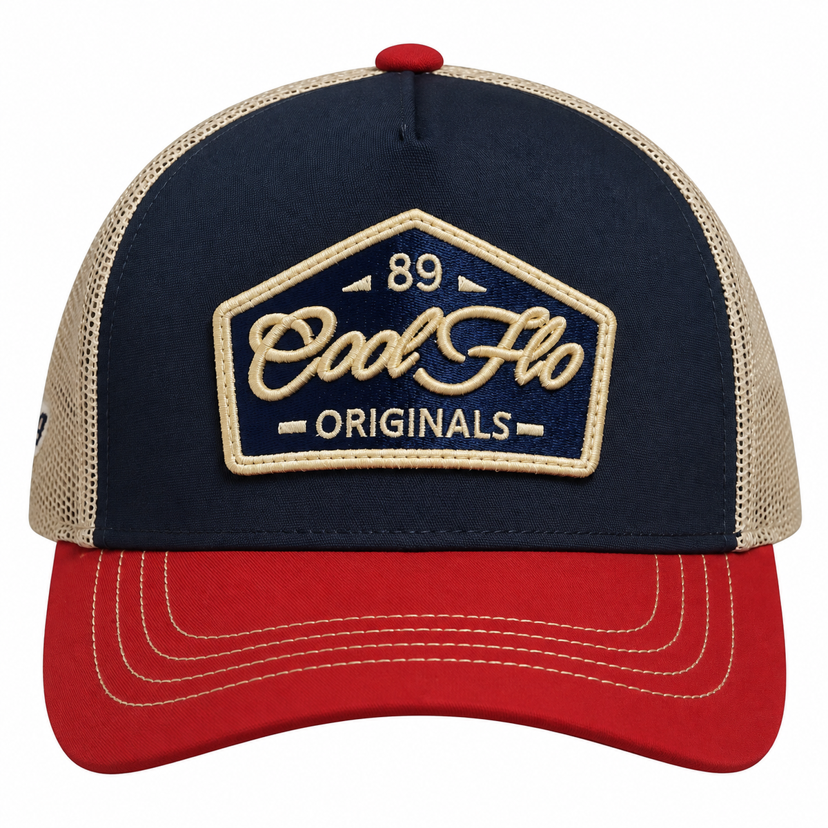 Front view of a Cool Flo 89 Originals trucker cap in Navy/Burgundy/Khaki featuring an embroidered Cool Flo 89 Originals badge in Navy, Gold and White and a curved visor.