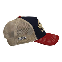 Right side view of a Cool Flo Navy/Burgundy/Khaki Cool Flo 89 Originals trucker cap featuring CF89 embroidered side detail, breathable mesh back panels and adjustable snapback fastening