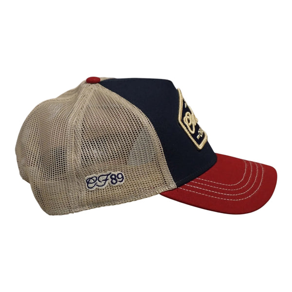 Right side view of a Cool Flo Navy/Burgundy/Khaki Cool Flo 89 Originals trucker cap featuring CF89 embroidered side detail, breathable mesh back panels and adjustable snapback fastening