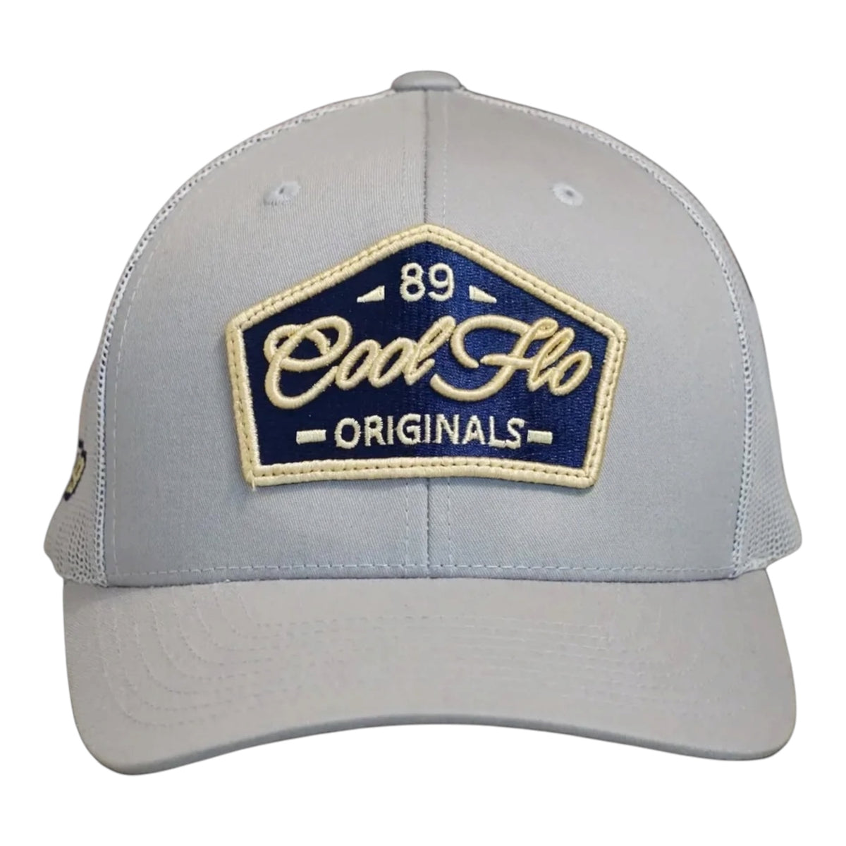 Front view of a Cool Flo 89 Originals trucker cap in Silver featuring an embroidered 89 Originals badge in Navy, Gold and White and a curved visor