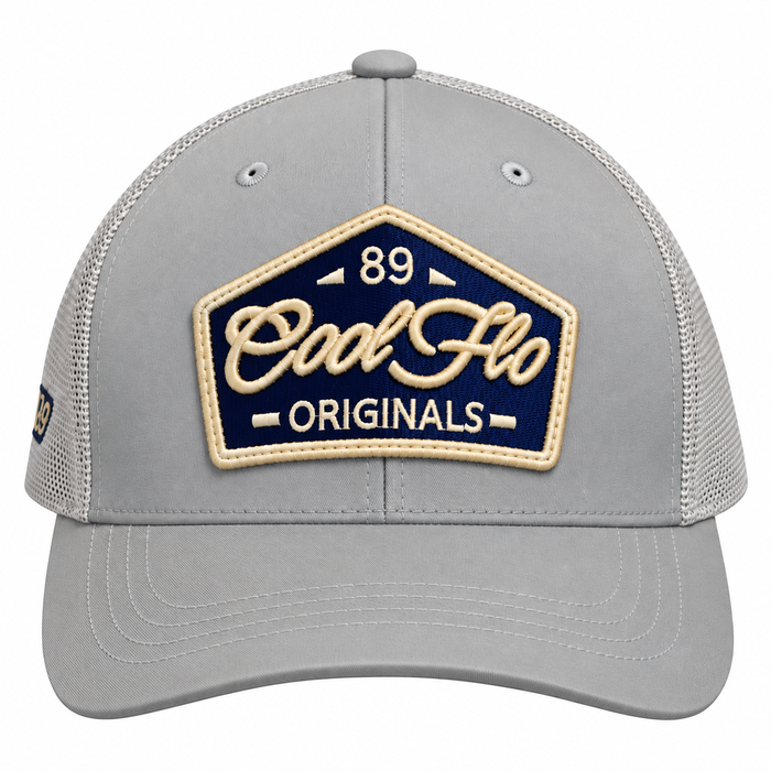 Front view of a Cool Flo 89 Originals trucker cap in Silver featuring an embroidered 89 Originals badge in Navy, Gold and White and a curved visor.