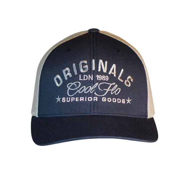 Cool Flo navy and silver/grey trucker cap with silver/grey and pink embroidered 'Originals' design.