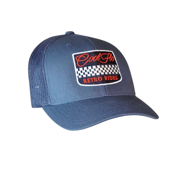 Cool Flo Retro Rides Navy trucker cap with embroidered chequered badge design in white, red and navy.