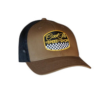 Cool Flo Black & brown trucker cap with  logo and Speed Shop chequered design in yellow, black and white embroidery.