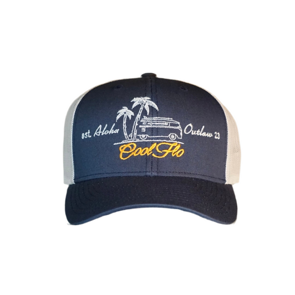 Aloha Outlaw two-tone navy and silver/grey trucker cap with embroidered VW bus and palm tree design.