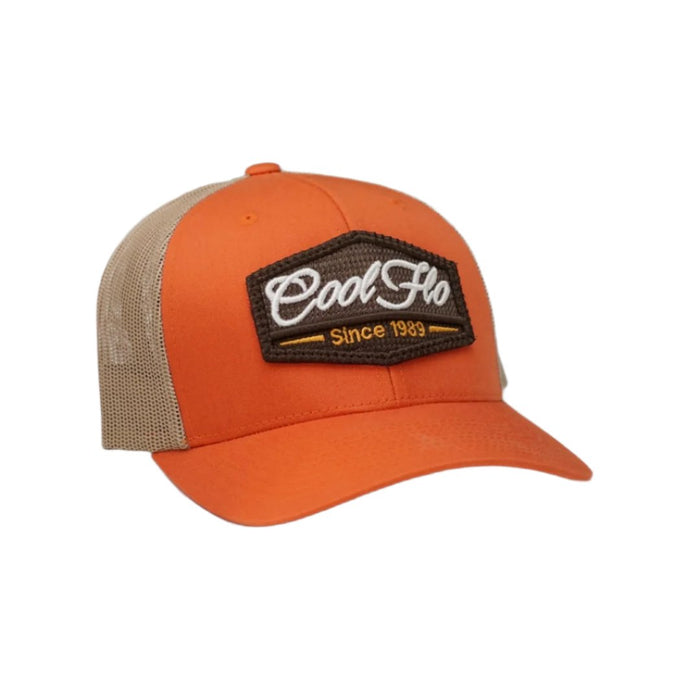 Cool Flo orange and khaki trucker cap with brown, white and orange 3D puff embroidered badge sewn onto the front.