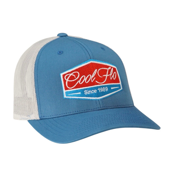 Cool Flo Blue and silver-grey two-tone trucker caps with turquoise, red and white embroidered badge design on the front.Cool Flo - Since 1989