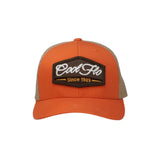 Cool Flo orange and khaki trucker cap with brown, white and orange 3D puff embroidered badge sewn onto the front.