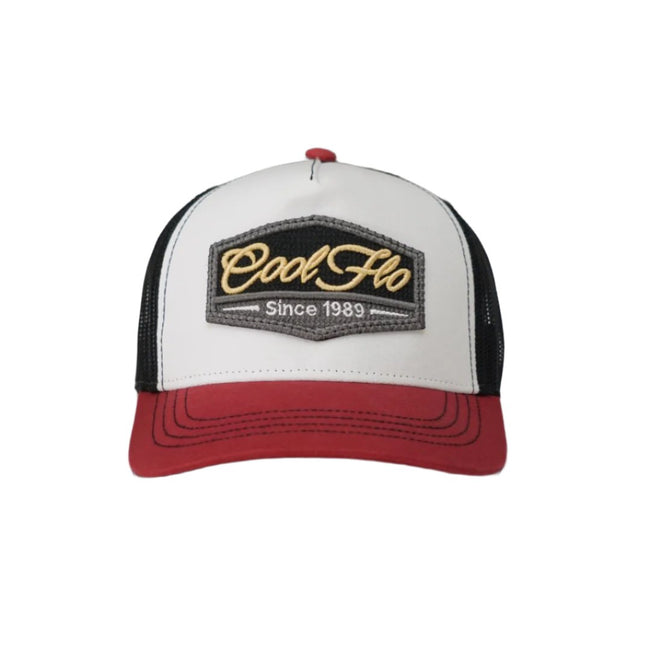 red, white and black trucker with 3D Cool Flo badge sewn on the front.