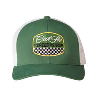 Cool Flo green and white trucker cap with  logo and Speed Shop chequered design in green, yellow, black and white embroidery.