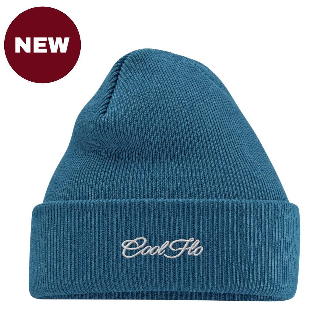 'NEW' Cool Flo Air Force Blue beanie with white script logo embroidered on the cuff.