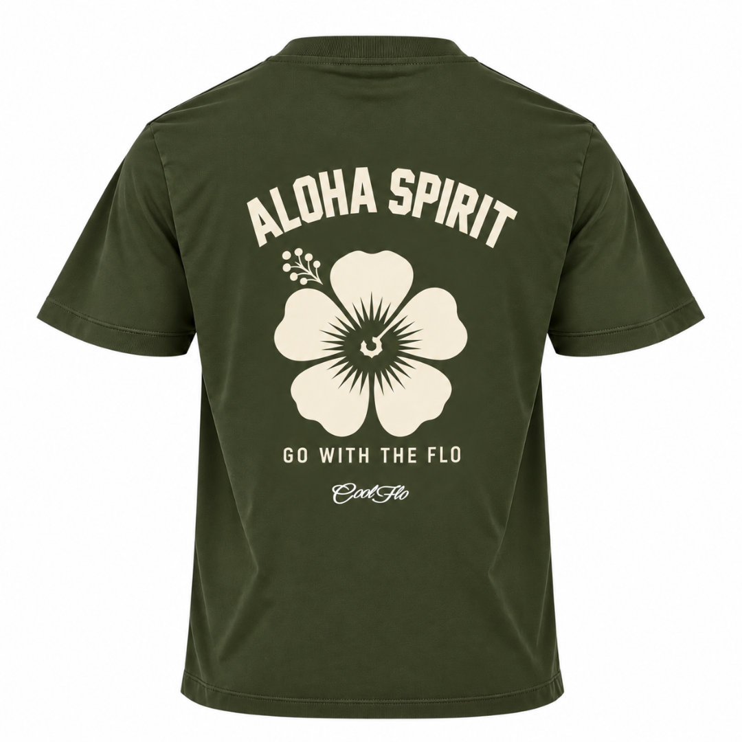 Back view of Cool Flo khaki t-shirt  featuring a large cream graphic print of a hibiscus flower with the text 'ALOHA SPIRIT' above it and 'GO WITH THE FLO' and a Cool Flo script logo below it.