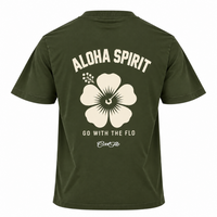 Back view of Cool Flo khaki t-shirt  featuring a large cream graphic print of a hibiscus flower with the text 'ALOHA SPIRIT' above it and 'GO WITH THE FLO' and a Cool Flo script logo below it.