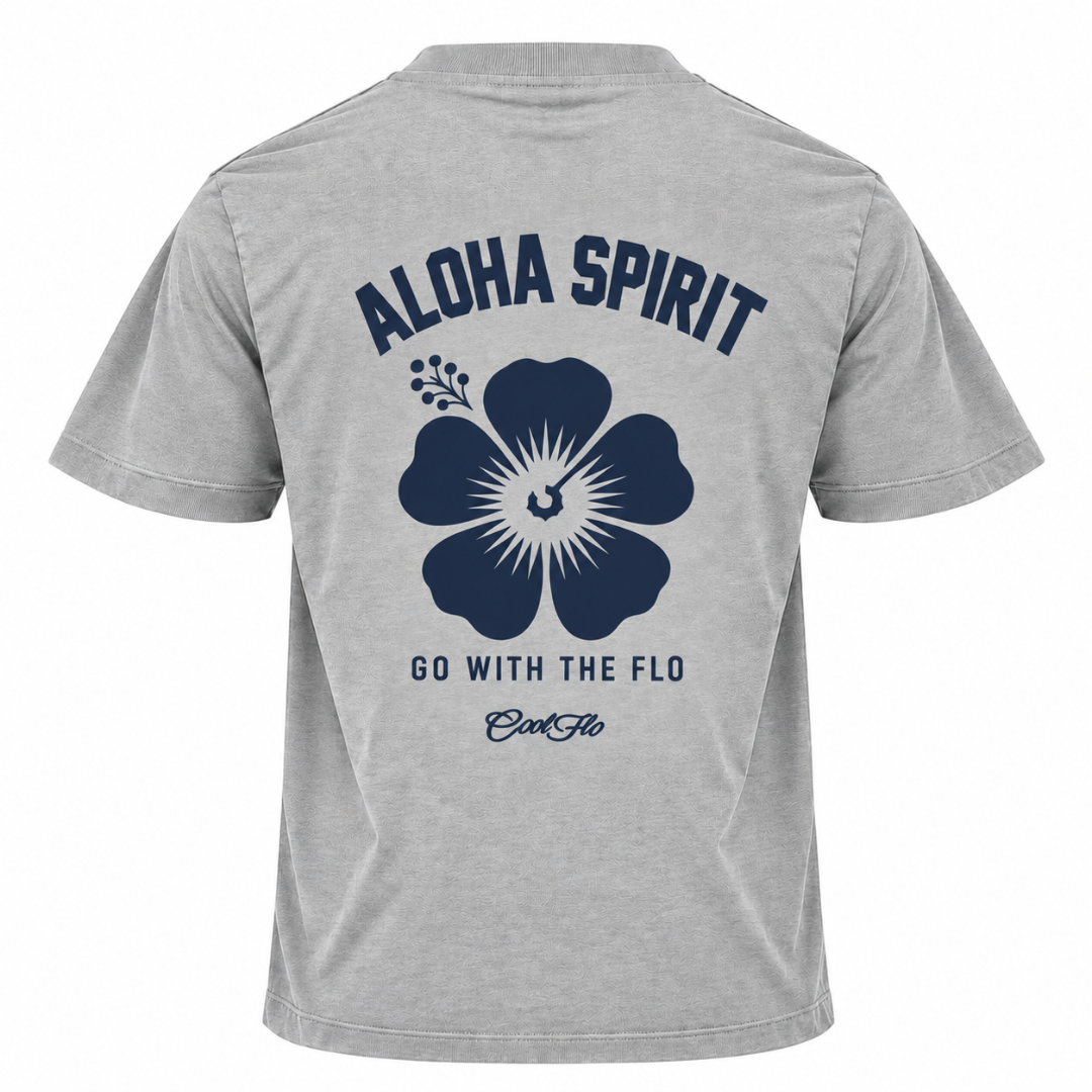 Back view of Cool Flo grey t-shirt  featuring a large navy graphic print of a hibiscus flower with the text 'ALOHA SPIRIT' above it and 'GO WITH THE FLO' and a Cool Flo script logo below it.